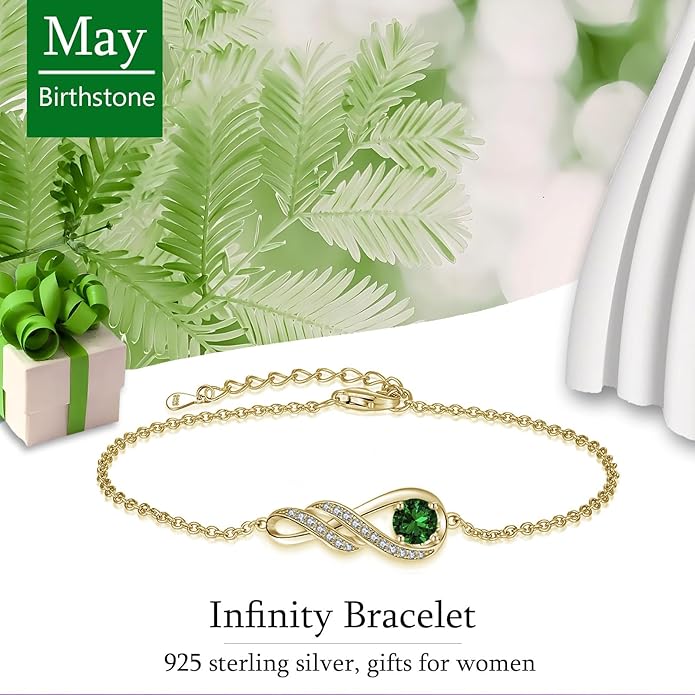 Birthstone Bracelets for Women 925 Sterling Silver Created Gemstone Bracelet Infinity Pendant Jewelry for Her, 6.7"+1.2"