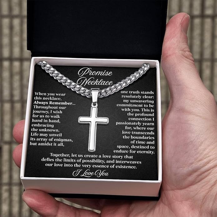 GLAVICY Promise Cross on Cuban Necklace For Him, Sentimental Gift for Husband, Boyfriend, Man with Message Card and Box, Promise Jewelry on Birthday, Valentine Day