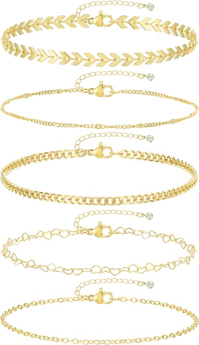 iF YOU Gold Ankle Bracelets for Women, 14k Gold Plated Waterproof Cuban Link Chain Anklets Set, Layered Anklet Bracelets for Women Beach Gift Adjustable Size 5pc