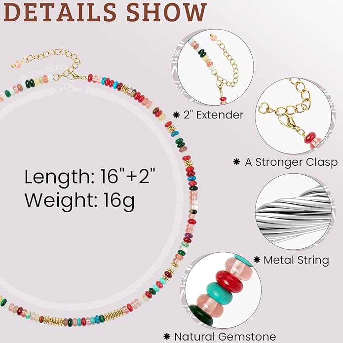 AGOT Beaded Gemstone Necklace for Women: Boho Bead Choker Natural Stone Necklaces - Handmade Jewelry for Summer Beach