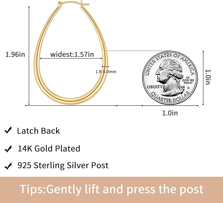 Gacimy Chunky Hoop Earrings for Women, 14K Gold Plated Oval Hoop Earrings with 925 Sterling Silver Post
