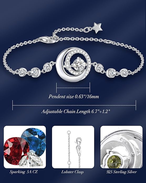 FANCIME Birthstone Bracelets 925 Sterling Silver Moon and Star Bangle Charm Bracelet Fine Jewelry Birthday Anniversary Christmas Day Gift for Her Women, Adjustable Chain 6.7"+1.2" Extend