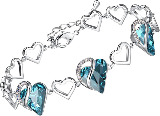 Leafael Infinity Love Heart Link Bracelets, Birthstone or Healing Stone Crystal Bracelet for Women, Silver Tone Jewelry Gifts for Her, 7-inch Chain and 2-inch Extender