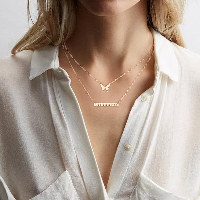 Turandoss Gold Layered Necklaces for Women - 14K Gold Plated Handmade Multilayer Bar Pearls Coin Disc Moon Butterfly Medallion Adjustable Dainty Layered Choker Necklaces for Women Jewelry