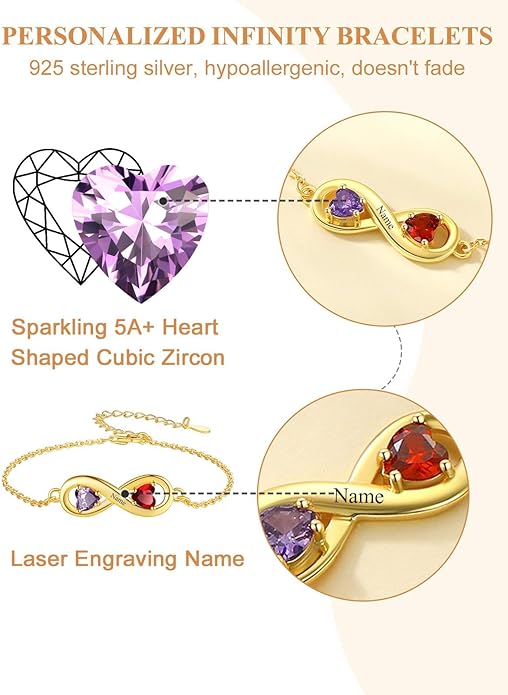 Custom4U Personalized Infinity Love Symbol Link Bracelets for Women 925 Sterling Silver Birthstone Bracelet Adjustable Engraved Chain Christmas Mother's Day Birthday Jewelry Gifts for Mom Her