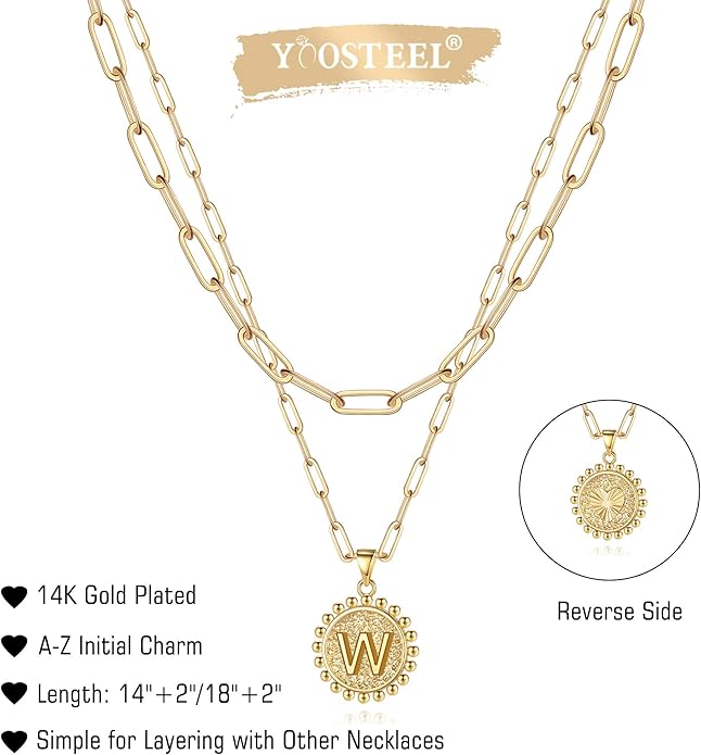 Yoosteel Gold Initial Necklaces for Women, 14K Gold Plated Dainty Layering Paperclip Link Chain Necklace Coin Initial Layered Necklaces for Women Personalized Birthday Gifts