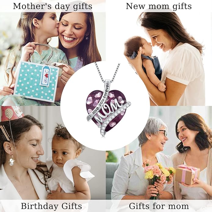 Mothers Day Gifts for Mom s925 Sterling Silver I Love You Forever Love Hear Mon Pendant Necklace with 12 Birthstone Jewelry Birthday Christmas Gifts for Women Grandma Mom Nana From Duaghter Son