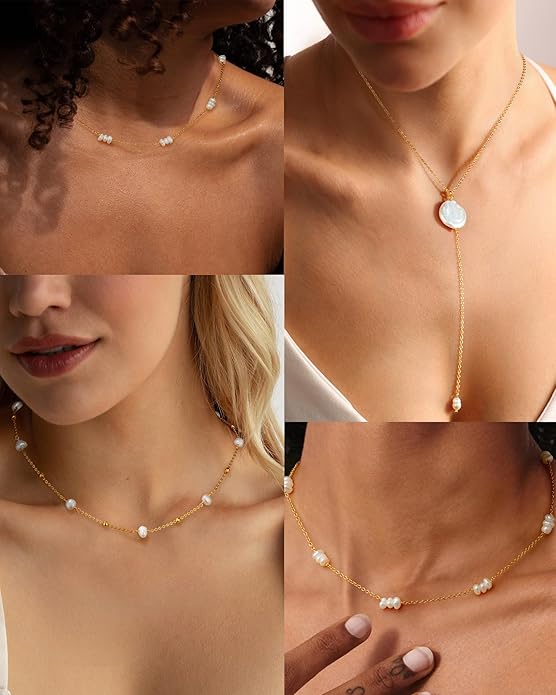 Gold Pearl Necklace for Women, Chunky 18K Gold Plated Layered Choker Chain - Double Layered Pearl Necklace, Trendy Gold Jewelry Birthday Gifts