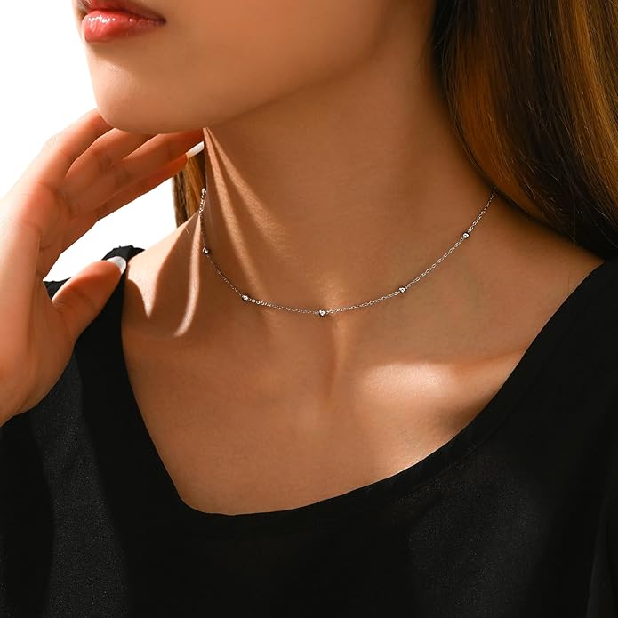 Dainty Chain Necklace for Women, 18K Gold Plated Coin Disc Choker Necklaces Simple Satellite Beaded Twisted Thin Paper Clip Chain Everyday Jewelry Gifts