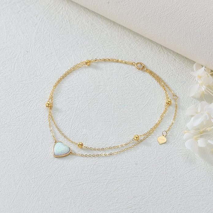 14K Solid Gold Heart Anklet for Women, Real Gold Layered Opal Anklet Bracelet Fine Jewelry Anniversary Birthday for Her, Wife, Mom, Girlfriend, 8''+2''