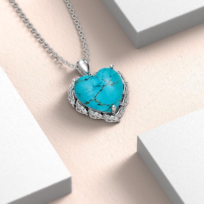 Genuine Turquoise Heart Necklaces for Women 925 Sterling Silver Blue Green Turquoise Pendant Vintage Western Jewelry Gift for Mom Wife Her