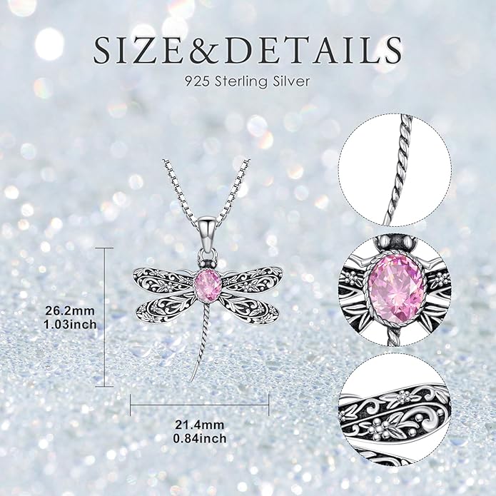 Vintage Dragonfly Necklace for Women 925 Sterling Silver, Oval Birthstone Dragonfly Pendant Boho Jewelry Birthday Gift for Her, Mom, Grandma
