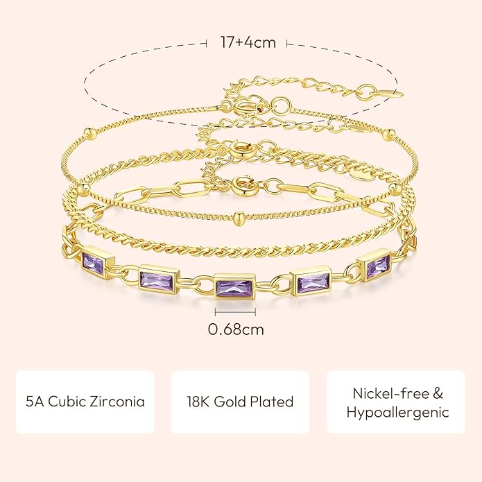 Gold Birthstone Bracelet for Women, 18K Gold Plated Layered Jewelry Bracelet Set, Women Dainty Stackable Bracelets Link Paperclip Chain Valentines Day Gift for Women