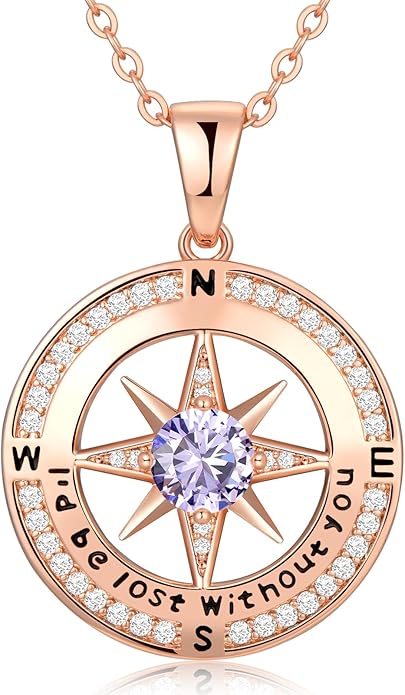 Zifeel Compass Necklace Gifts for Women wife - S925 Sterling Silver Birthstone Necklaces for Women - Anniversary Birthday Gifts for Her Wife Girlfriend - Valentines Mom Mothers Day Christmas Gifts Jewelry for Women