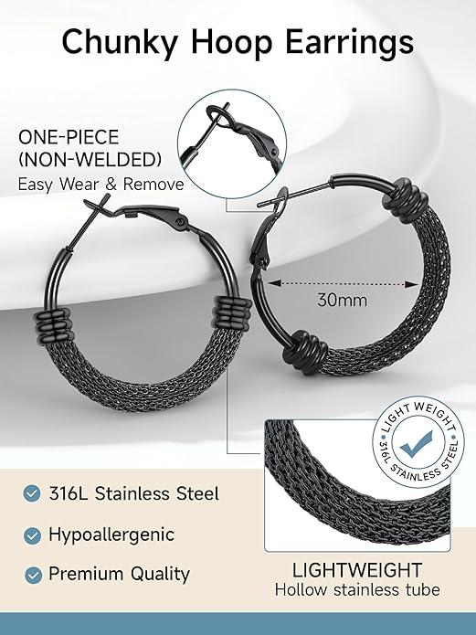 PROSTEEL 30/40/60/80/100mm Chunky Hoop Earrings For Women Gold Plated/Black Stainless Steel Hoops Earrings Statement Jewelry
