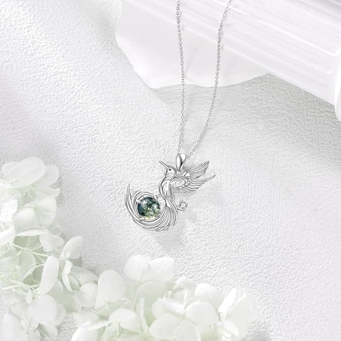 Hummingbird Necklace 925 Sterling Silver Dainty Natural Moss Agate Hummingbird Pendant Necklace Animal Jewelry Humming Bird Gifts for Women