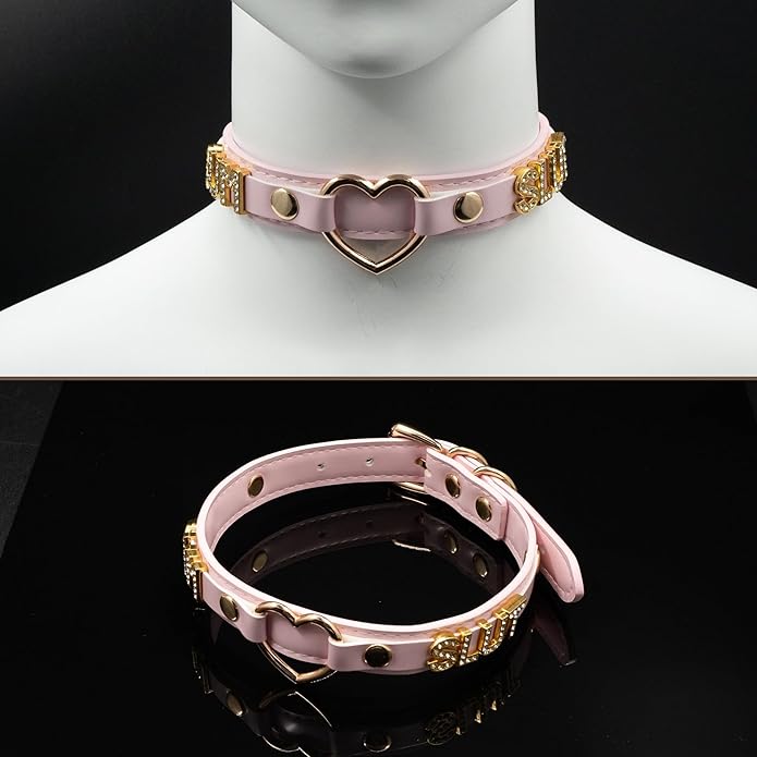 Handmade Gold Heart O-Ring Letter Choker Necklace for Women, Adjustable PU Leather Black/Pink Choker Collar For Women, Goth Choker Collars Necklace
