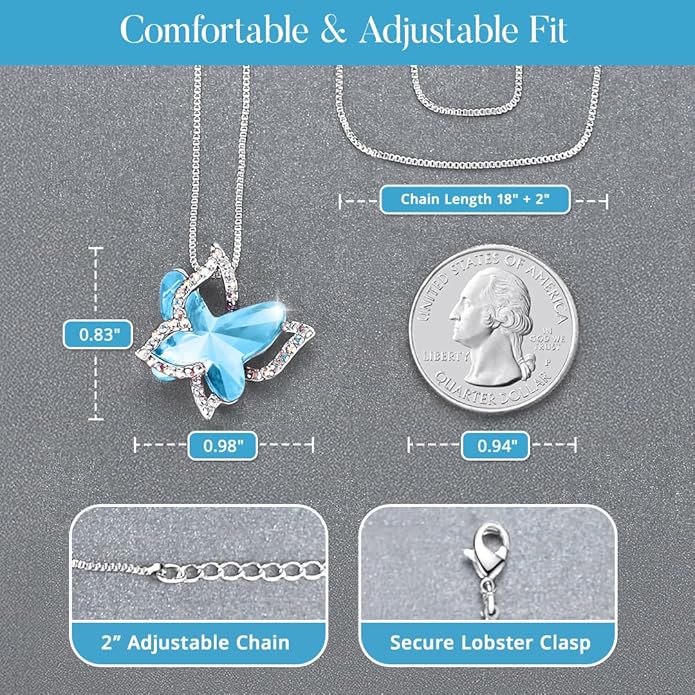 Gift Butterfly Birthstone Crystal Necklace, Silver Tone with 18”+2” Chain, Necklace for Mother’s Day Anniversary Birthday Gifts for Women and Daughter