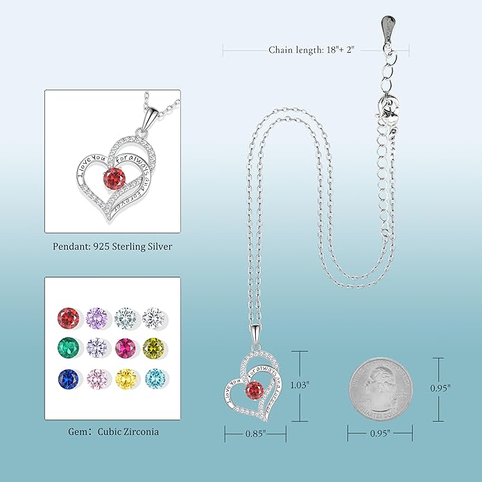 Heart Birthstone Silver Necklace for Women, S925 Sterling Silver Pendant Necklace Birthday Jewelry Gifts for Her Mother Mom Wife Girlfriend