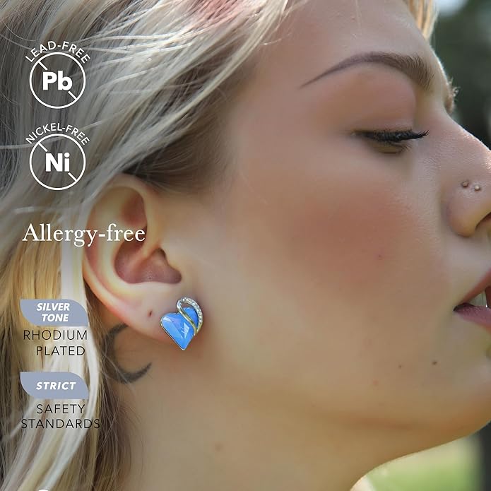 Earrings for Women, Mothers Day Gift for Mom, Heart Birthstone Crystal Stud Earring, Silver Plated Birthday Jewelry