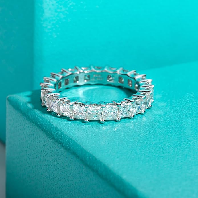 AnuClub Moissanite Eternity Ring, Round/Emerald/Princess Cut 5cttw D Color 925 Sterling Silver Wedding Band Rings for Women