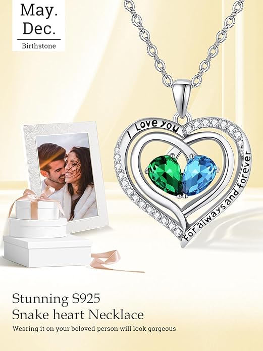 Zeuslia Double Birthstone Necklace Gifts for Wife - 925 Sterling Silver Sunflower/Rose/Crown Cross/Compass/Heart Pendant I Love You Necklace, Anniversary Birthday Gifts for Wife Girlfriend Mom Her