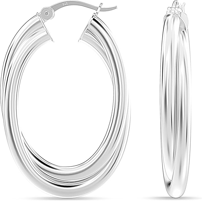 LeCalla 925 Sterling Silver Chunky Hoop Earrings | 14K Two-Tone Three-Tone Hoop Earrings | Intertwining Oval Shape Polished Twisted Hoop Earrings for Women