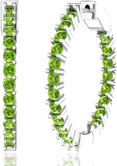 Hoop Earrings with 40 Colored Gemstones, Birthstone Earrings, 925 Sterling Silver Rhodium Plated, Push Back Closure, 1.18'