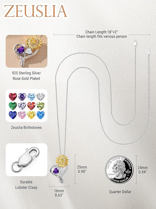 Zeuslia Double Birthstone Necklace Gifts for Wife - 925 Sterling Silver Sunflower/Rose/Crown Cross/Compass/Heart Pendant I Love You Necklace, Anniversary Birthday Gifts for Wife Girlfriend Mom Her