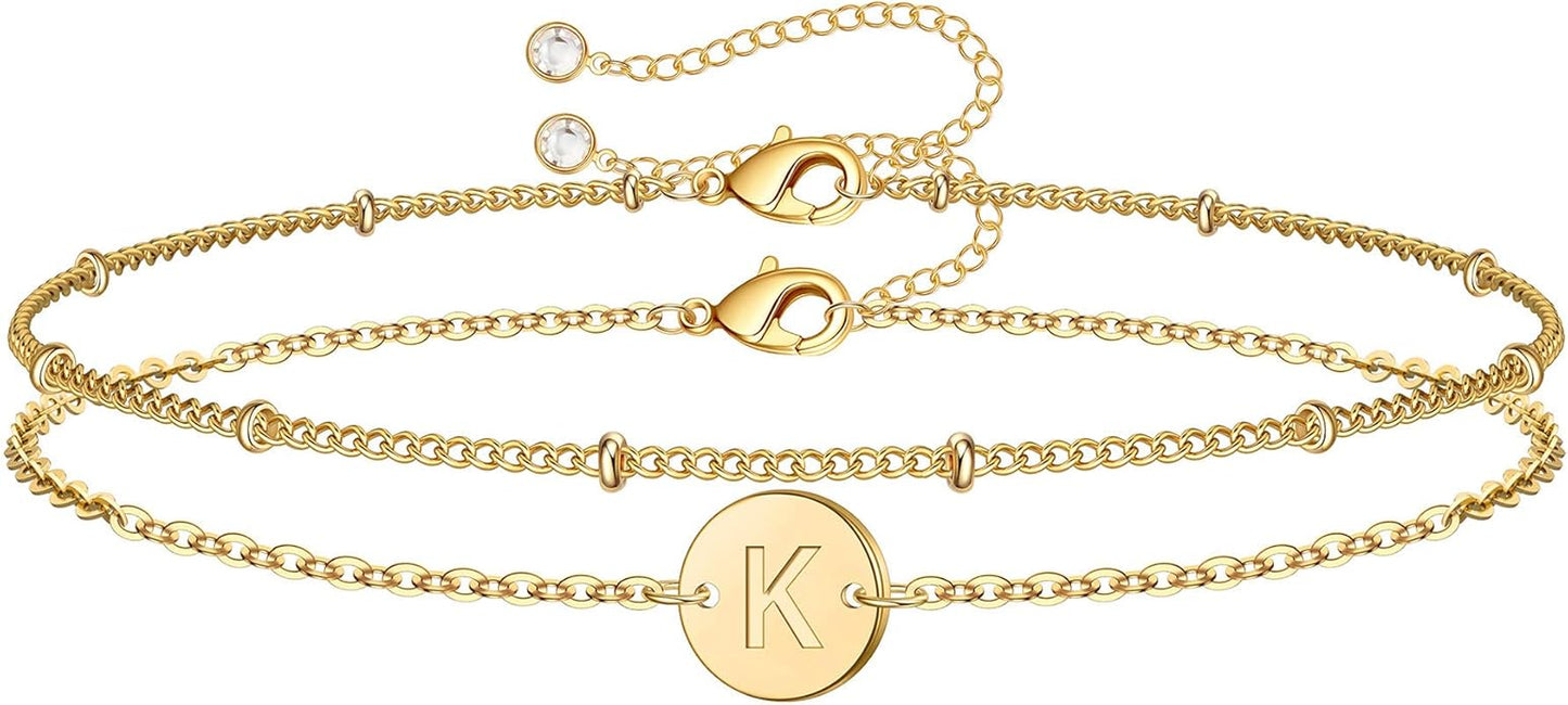 MONOZO Gold Initial Bracelets for Women Girls Christmas Gifts - Dainty 14K Gold Plated Layered Beaded Letter Initial Bracelet 26 Alphabet Disc Monogram Charm Bracelet Jewelry Christmas Gifts for Women