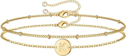 MONOZO Gold Initial Bracelets for Women Girls Christmas Gifts - Dainty 14K Gold Plated Layered Beaded Letter Initial Bracelet 26 Alphabet Disc Monogram Charm Bracelet Jewelry Christmas Gifts for Women