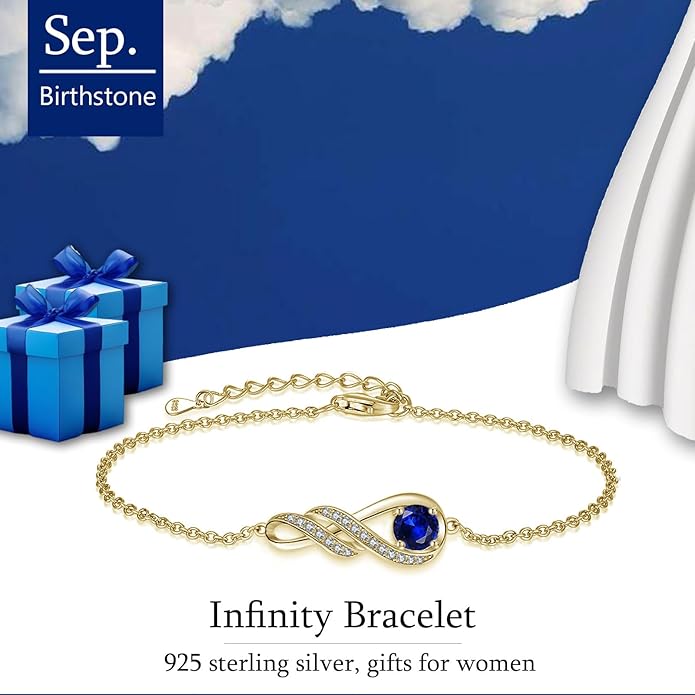 Birthstone Bracelets for Women 925 Sterling Silver Created Gemstone Bracelet Infinity Pendant Jewelry for Her, 6.7"+1.2"