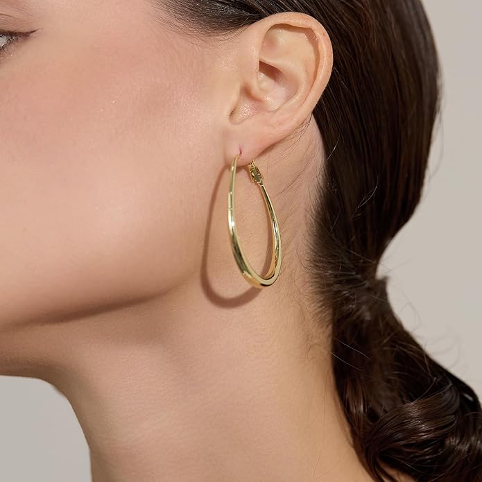 Lightweight Oval Hoop Earrings for Women - 14K Gold Plated, Rose Gold Plated and Sterling Silver Plated Large Oblong Hoop Earrings for Women Statement Jewelry Gift