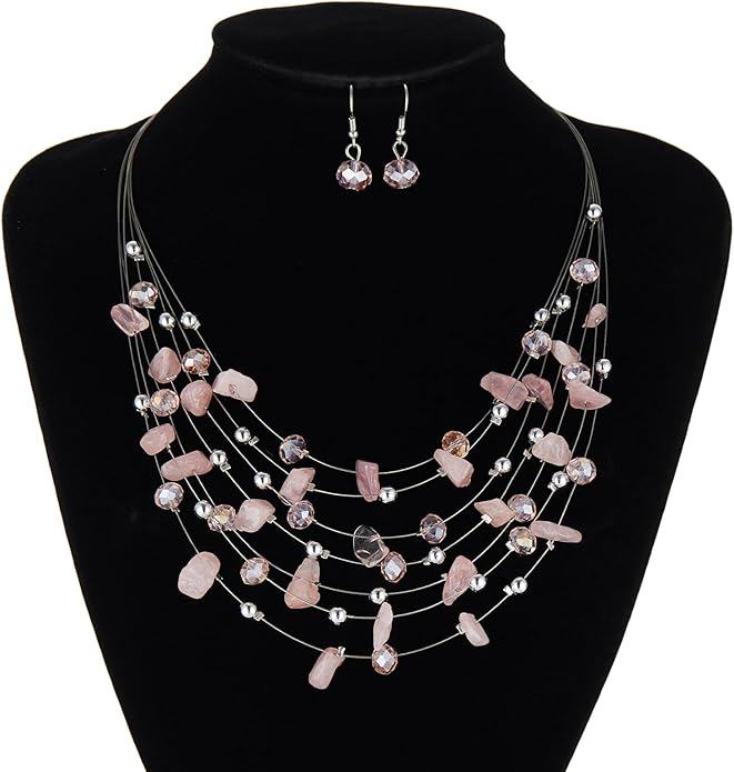 Multi-Layer Boho Shell Beaded Necklace for Women Colorful Crystal Strand with Silver Beads Statement Collars Necklace and Earrings Costumes Jewelry Sets for Women