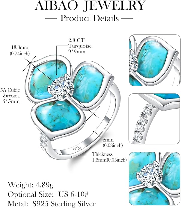 AIBAO Flower Gemstone Rings for Women Three Pental Turquoise/Malachite/Mother of Pearl Flower Ring with Cubic Zirconia Center Sterling Silver Statement Rings Size 6 to 10