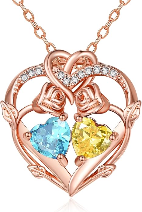 Rose Gold Necklaces for Women Double Birthstone Rose Flower Heart Pendant Necklace Jewelry Anniversary Christmas Valentine's Mother's Day Birthday Gift for Wife Mom Her Girlfriend Sister