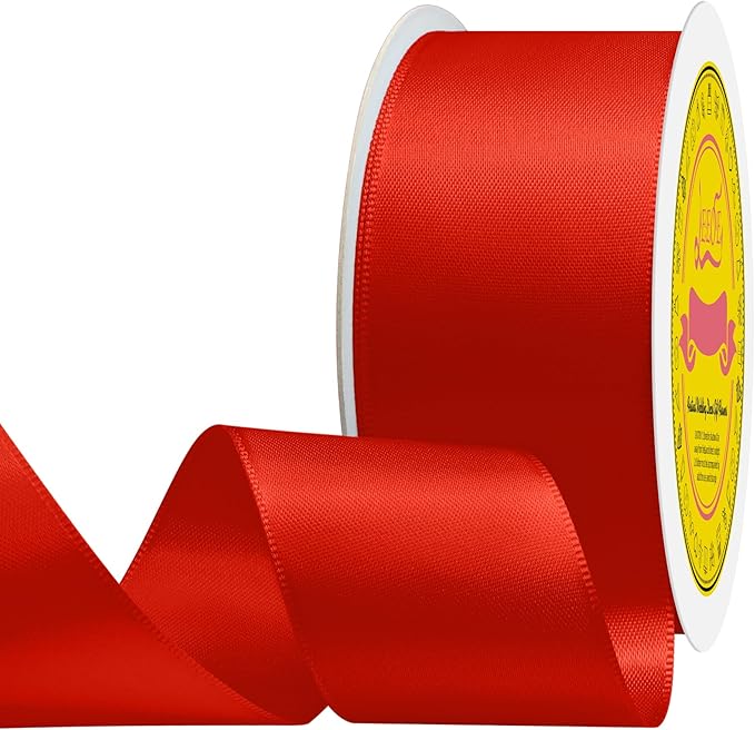 LEEQE Double Face Red Satin Ribbon 1-1/2 inch X 25 Yards Polyester Red Ribbon for Gift Wrapping Very Suitable for Weddings Party Hair Bow Invitation Decorations and More