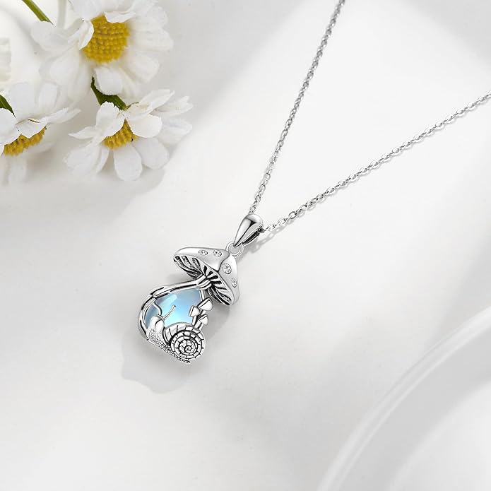 YAFEINI Mushroom Necklace Moonstone/Moss Agate/Malachite/Labradorite/Turquoise/Amber/Larimar/Black Onyx/Lapis Lazuli/Peridot/Opal Sterling Silver Mushroom Pendant Mother's Day Jewelry for Women Mom