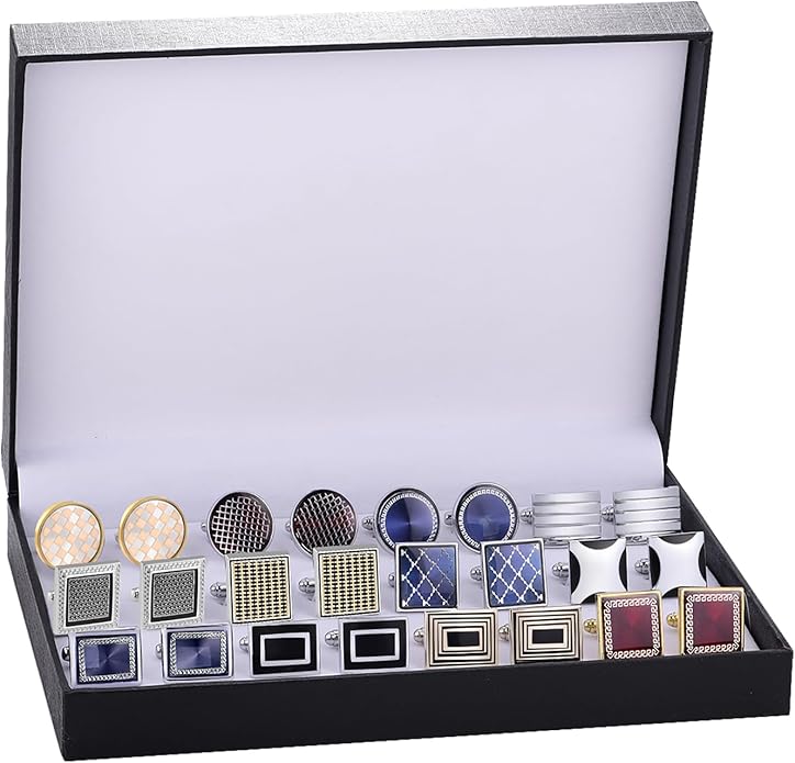 Cufflinks Set 12 Pairs Cuff Links Mens-Fashion Cufflinks for Men-Classic Silver-tone Gold-tone Cuff links for Business Wedding Party Gift Box