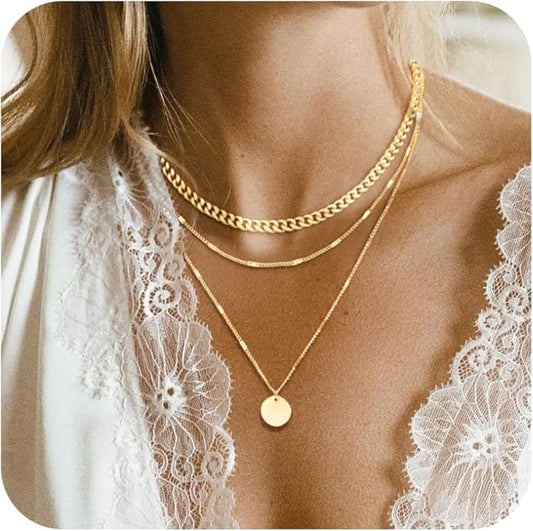 14K Gold Necklace for Women, Womens Dainty Chain Necklace Plated Shining Dots Satellite Choker Box Chain, Women Layering Necklaces