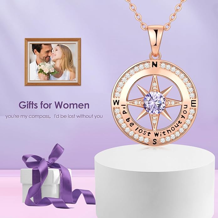 Zifeel Compass Necklace Gifts for Women wife - S925 Sterling Silver Birthstone Necklaces for Women - Anniversary Birthday Gifts for Her Wife Girlfriend - Valentines Mom Mothers Day Christmas Gifts Jewelry for Women