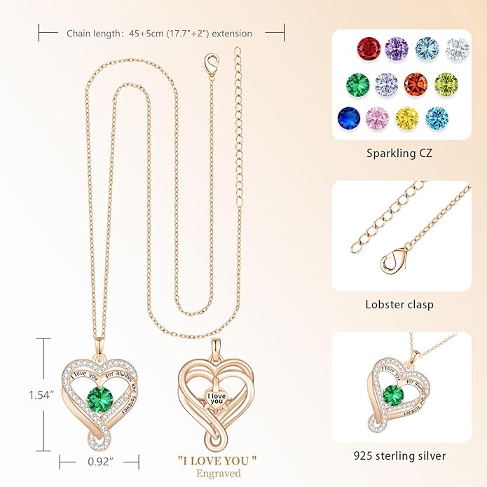Birthstone Heart Necklaces for Women, Infinity Pendent S925 Sterling Silver Jewelry for Women, Wedding Anniversary, Birthday Mother’s Day Gifts for Mom, Mother, Wife, Girlfriend