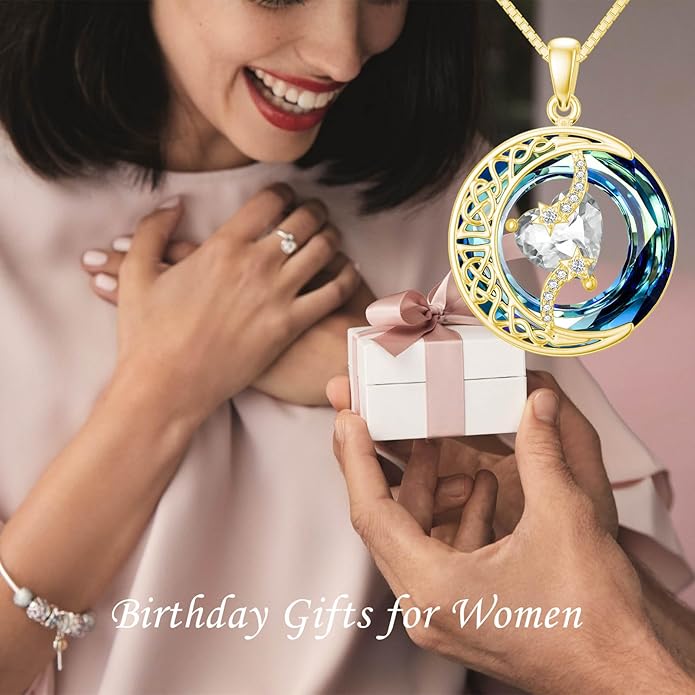 TOUPOP Christmas Gifts Birthstone Necklace 925 Sterling Silver Moon and Star Pendant with Blue Crystal Celtic Moon Jewelry Birthday Gifts for Women Mom Wife Her Daughter