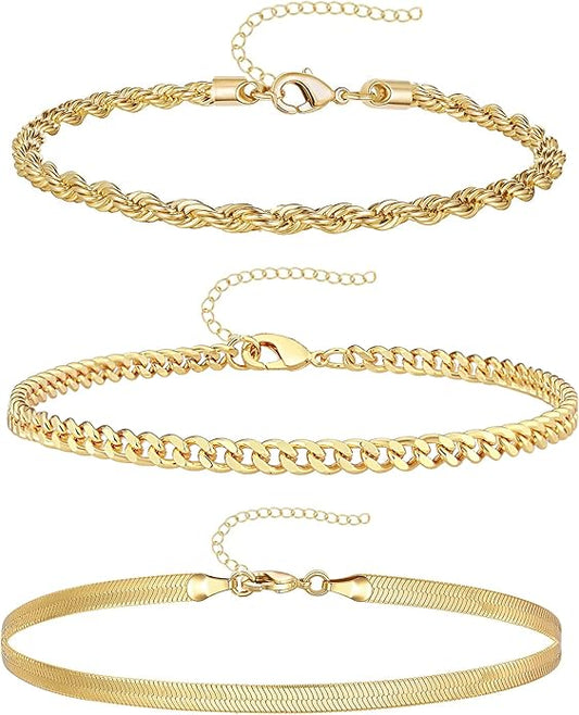 Gold Bracelets for Women Trendy,14K Gold Plated Dainty Stackable Paperclip Cuban Link Chain Bracelets, Simple Cute Cuff Bracelets Jewelry Set Adjustable 7"+2"
