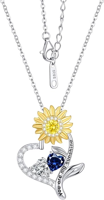 PERJI Valentine's Day Gifts for Women - 925 Sterling Silver Double Birthstone Sunflower Necklace, Anniversary Birthday Jewelry You are My Sunshine Gifts for Wife Couple Girlfriend 18"+2" Non Tarnish