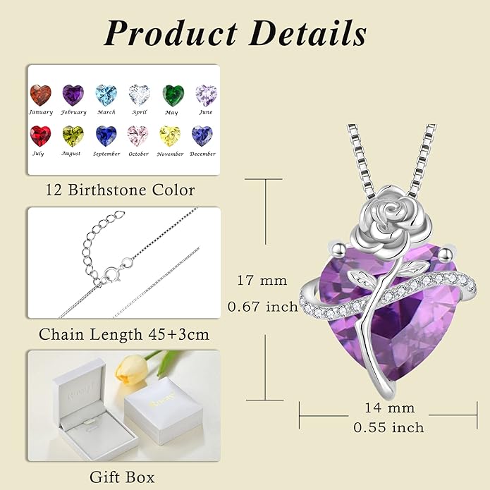 Birthstone Necklace for Women 925 Sterling Silver Love Heart Rose Flower Necklace Dainty Jewelry Gifts for Women Wife Girlfriend Mother Daughter Her