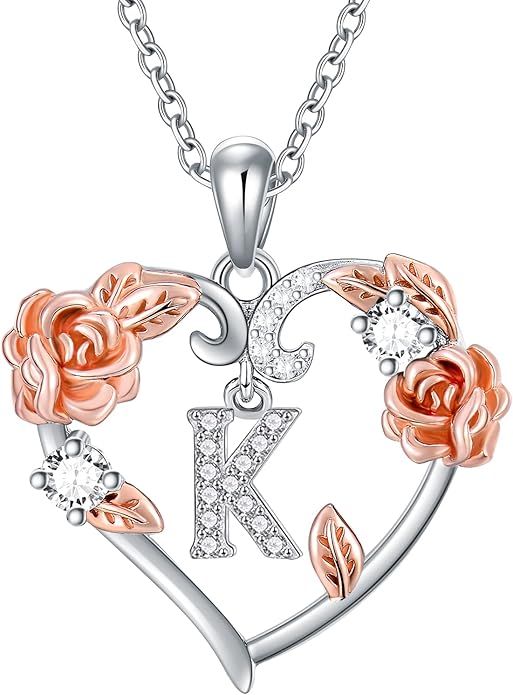 AOBOCO Rose Heart Necklaces Valentines Gifts for Women, 925 Sterling Silver Rose Love Heart Initial Letter Pendant Necklace Jewelry Mothers Day Christmas Birthday Gifts for Her Mom Wife Girlfriend