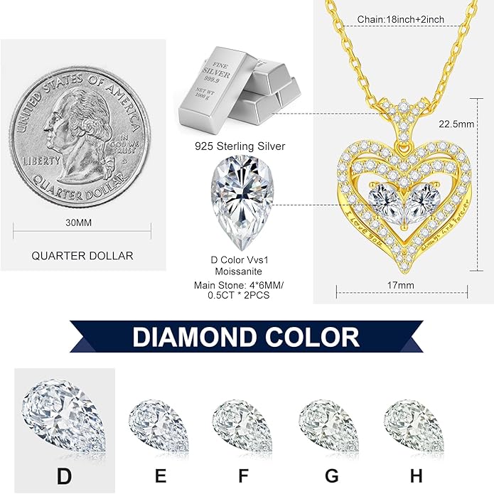 Moissanite Heart Necklace for Women, 18K White/Yellow Gold-Plated 925 Sterling Silver Pear Cut Moissanite Imitation Diamond Pendant Eternity Love Gifts for Her, Anniversary, Birthday, Wedding - to My Wife, Mom