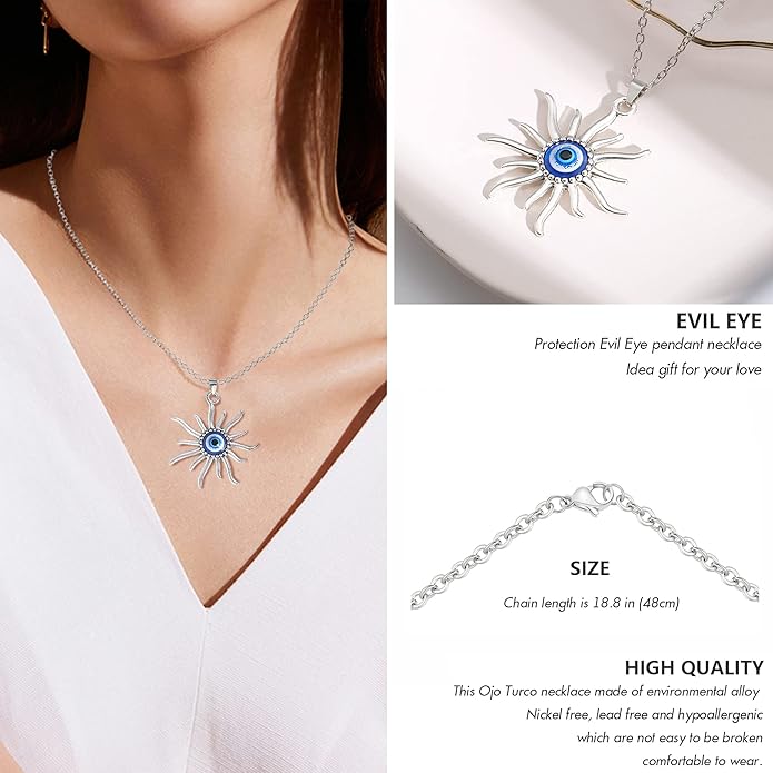 VIBILIA Evil Eye Necklace Sun Pendant Turkish Blue Eye Protection Lucky Necklaces Jewelry Gifts for Men Women (Sun) - Silver