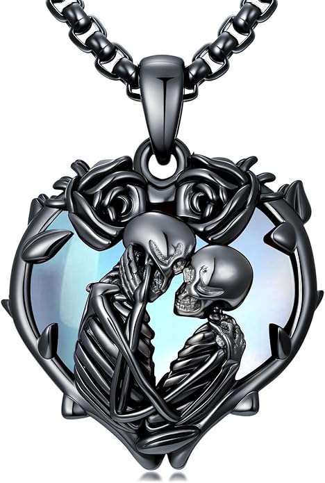 Flpruy 925 Sterling Silver Black Gothic Jewelry Gifts Skeleton Couple Pendant Crystal Birthstone Heart Necklace Punk Romantic Jewelry for Lover Men Women